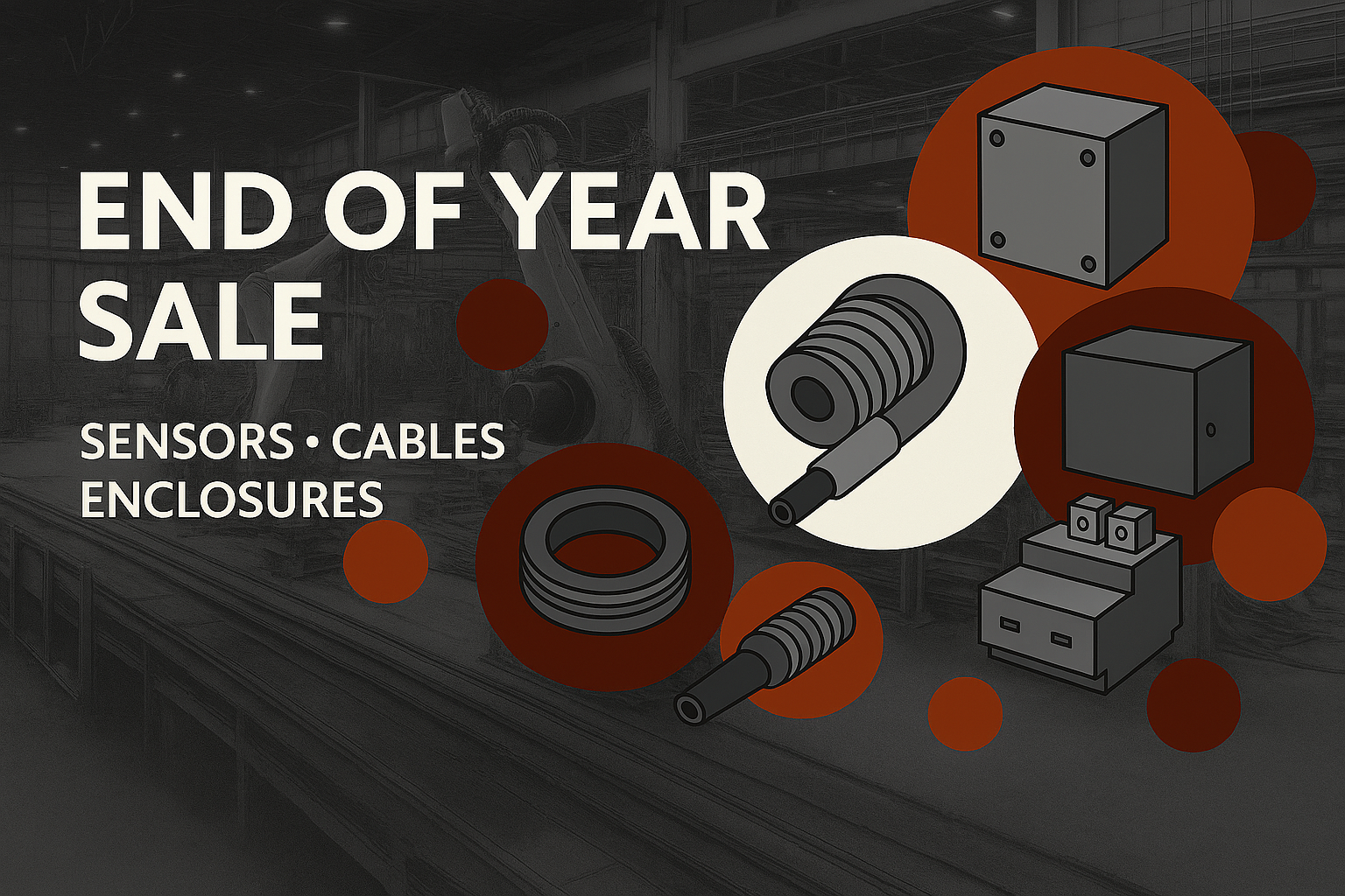 End of year sale advertisement for sensors, cables, and enclosures with illustrated equipment on a dark background.